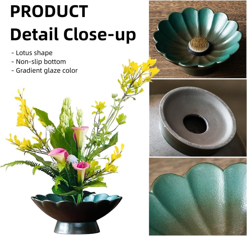 WEOPYCJ Store Japanese Ikebana, Lotus Shaped Ceramic Bowl Vase, Flower Arranging Supplies Kit with 2pc Round Floral Frog 1 Scissors 1 Kenzan Straightener - Image 3